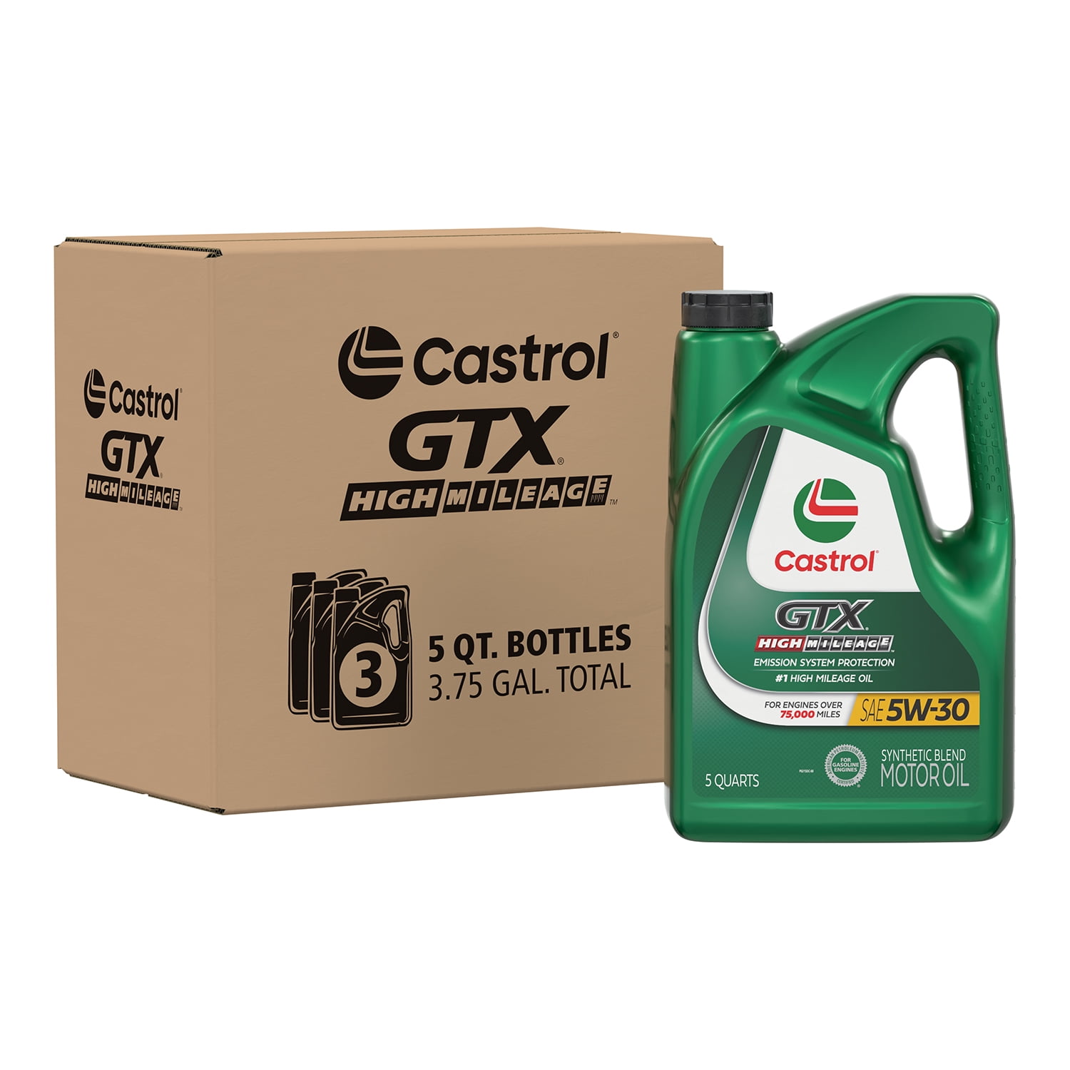 Castrol GTX High Mileage 5W-30 Synthetic Blend Motor Oil, 5 Quarts, Case of 3