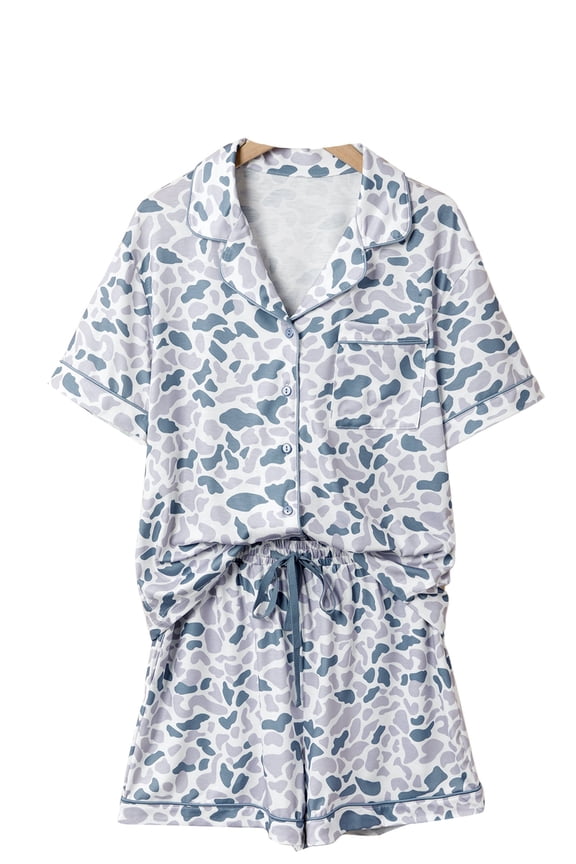Casual 2-Piece Camo Lounge Set for Women – Button Down Lapel Top with Drawstring Shorts, Summer Home Wear, L