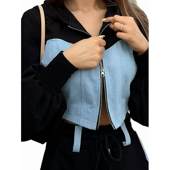 Casual 2 Piece Outfit for Women - Color Block Long Sleeve Zip Up Hoodie + Denim Drawstring Long Pants Black L