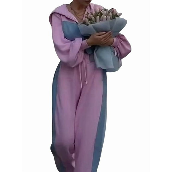 Casual 2 Piece Outfit for Women - Color Block Long Sleeve Zip Up Hoodie + Denim Drawstring Long Pants Pink L