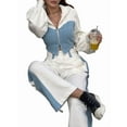 thumbnail image 1 of Casual 2 Piece Outfit for Women - Color Block Long Sleeve Zip Up Hoodie + Denim Drawstring Long Pants White L, 1 of 8