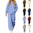 thumbnail image 1 of Casual 2 Piece Outfits for Women Solid Color Hooded Sweatshirt and Wide Leg Sweatpants Drop Shoulder Long Sleeve Drawstring Waist Elastic Fleece Soft Warm Fall Winter Matching Set, 1 of 7