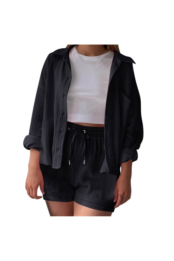 Casual 2 Piece Outfits for Women Two Piece Pants Sets for Women Fall Women's Summer Piece Long Sleeve Shirt High Waist Drawstring Shorts Casual Set Get it Fast
