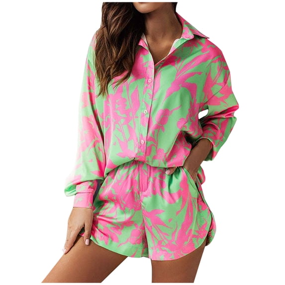Casual 2 Piece Outfits for Women Long Sleeve V Neck Lapel Shirts Tops with Elastic Waist Loose Shorts Lounge Sets