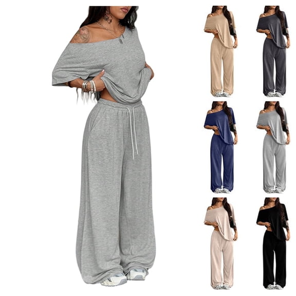 Casual 2 Piece Outfits for Women Sexy Long Sleeve Sweatsuit Jogging Long Pants Sets Tracksuit with Pockets Light Gray M