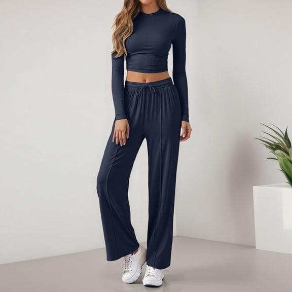 Casual 2 Piece Sets For Women Fall Outfits 2025 Long Sleeve Crop Top Wide Leg Pants Matching Lounge Set