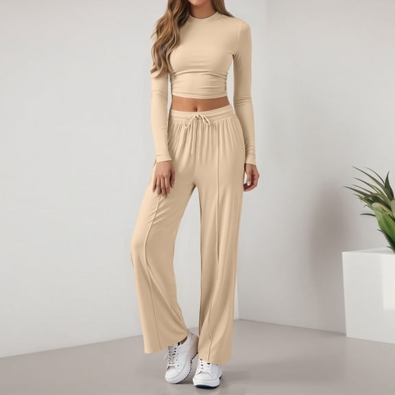 Casual 2 Piece Sets For Women Fall Outfits 2025 Long Sleeve Crop Top Wide Leg Pants Matching Lounge Set