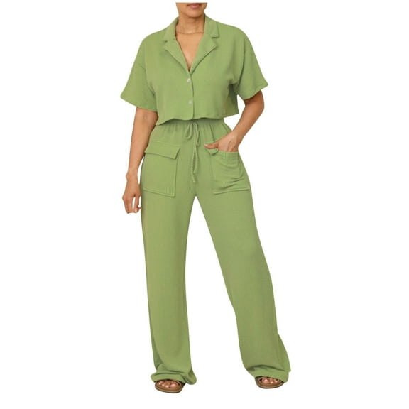 Casual 2 Piece Sets for Women Fall Two Piece Pants Set for Women Dressy Ladies Two Piece Lace-Neck Short Sleeve Top Women Wide Leg Solid Color Straight Casual Pants Set