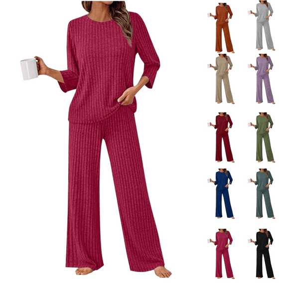 Casual 2 Piece Sets for Women Lounge Outfits Ribbed 3/4 Sleeve Crewneck Solid Color Tops Drawstring Elastic Waist Long Pants Fall Winter Trendy Clothes