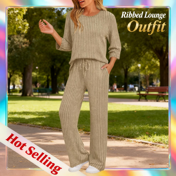 Casual 2 Piece Sets for Women Lounge Outfits Ribbed 3/4 Sleeve Crewneck Solid Color Tops Drawstring Elastic Waist Long Pants Fall Winter Trendy Clothes