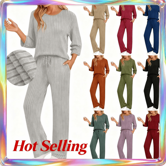 Casual 2 Piece Sets for Women Lounge Outfits Ribbed 3/4 Sleeve Crewneck Solid Color Tops Drawstring Elastic Waist Long Pants Fall Winter Trendy Clothes