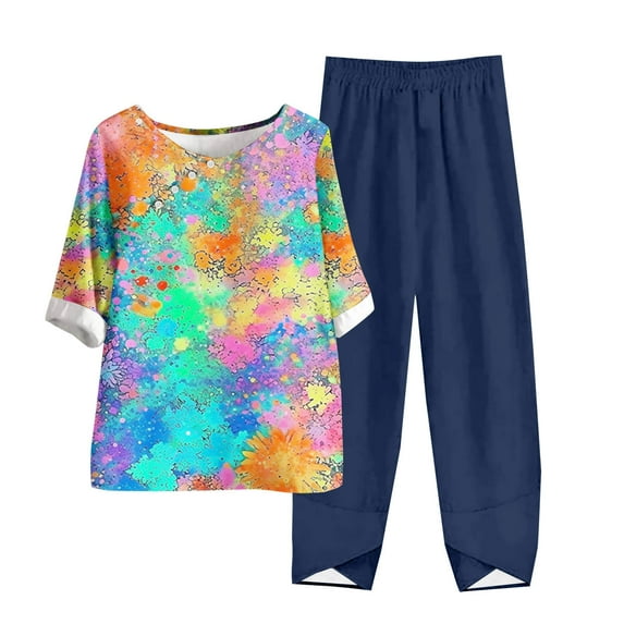Casual 2 Piece Shorts Sets for Women Two Piece Lounge Sets for Women Spring Round Neck 5/4 Sleeve Top and Pants Digital Printing Two-piece Set