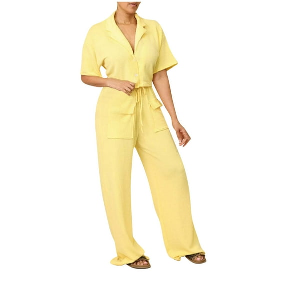 Casual 2 Piece Shorts Sets for Women Two Piece Pants Set for Women Ladies Two Piece Lace-Neck Short Sleeve Top Women Wide Leg Solid Color Straight Casual Pants Set