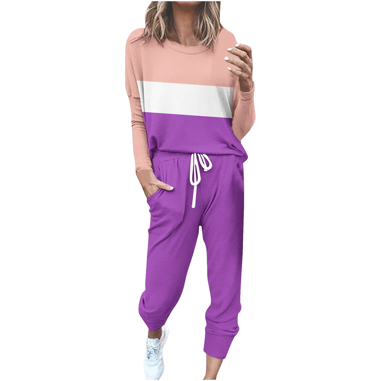 Casual 2 Piece Shorts Sets for Women Women Short Sets 2 Piece Outfits Fall Women'S Round Neck Long Sleeve Top + Pants Color Blocking Home Sports Casual Yoga Suit