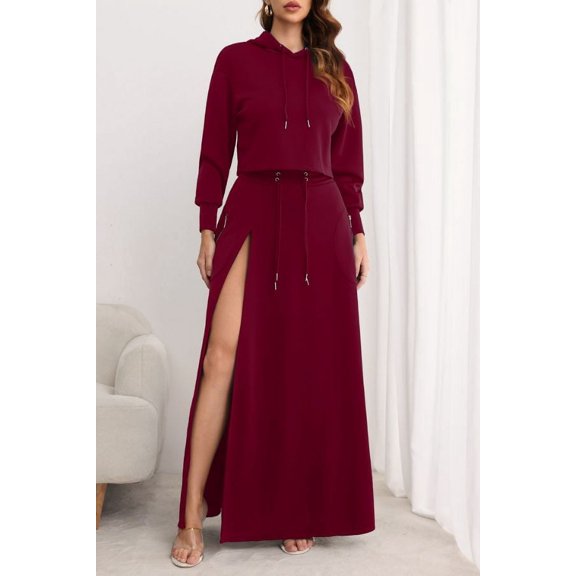 Casual 2 Piece Sweatshirts Split Skirt Sweatsuit (L, Maroon)