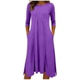 thumbnail image 1 of Casual 3/4 Sleeve Dresses for Women Pleated Crewneck Split Ruffle Aline Dress with Pockets Fall Spring Clothes Purple, M, 1 of 5