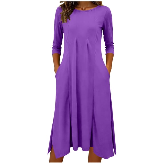 Casual 3/4 Sleeve Dresses for Women Pleated Crewneck Split Ruffle Aline Dress with Pockets Fall Spring Clothes Purple, M