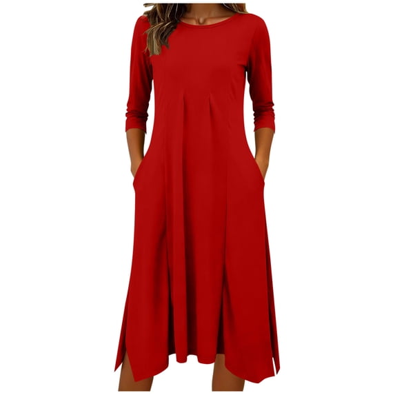 Casual 3/4 Sleeve Dresses for Women Pleated Crewneck Split Ruffle Aline Dress with Pockets Fall Spring Clothes Red, XL