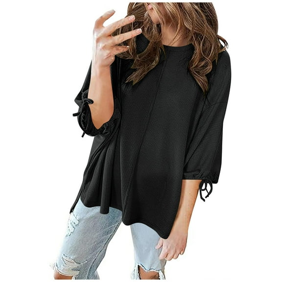 Casual 3/4 Sleeve Tops for Women, Crewneck Solid Color Shirts, Summer Lightweight Loose Tunic Blouse