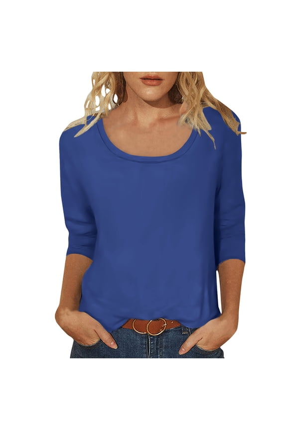 Casual 3/4 Sleeve Tops for Women Scoop Neck T Shirts Solid Color Summer Fall Spring Loose Tee Tshirts (2XL, Blue)