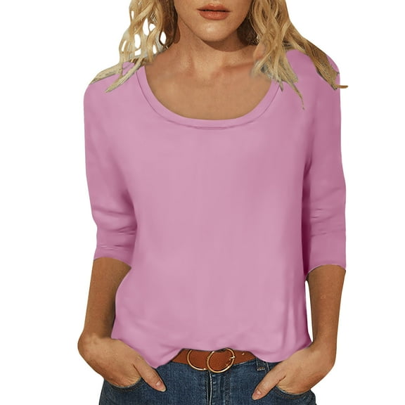 Casual 3/4 Sleeve Tops for Women Scoop Neck T Shirts Solid Color Summer Fall Spring Loose Tee Tshirts (L, Pink)