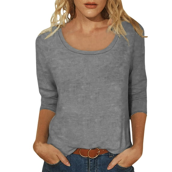 Casual 3/4 Sleeve Tops for Women Scoop Neck T Shirts Solid Color Summer Fall Spring Loose Tee Tshirts (XL, Gray)