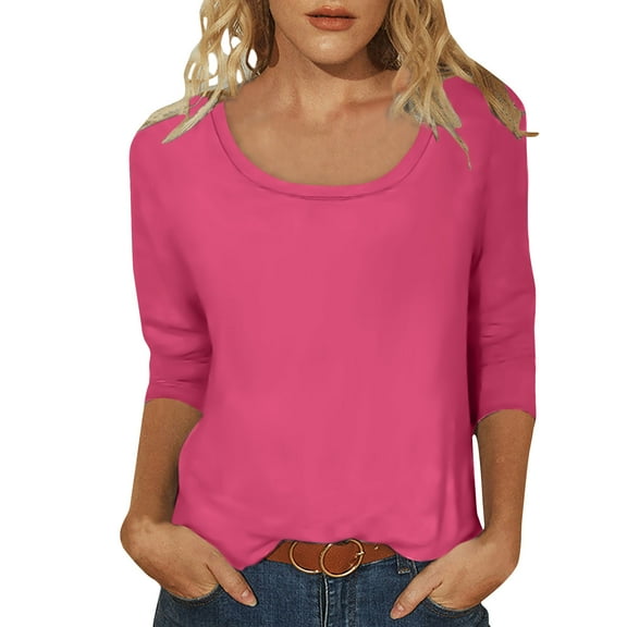 Casual 3/4 Sleeve Tops for Women Scoop Neck T Shirts Solid Color Summer Fall Spring Loose Tee Tshirts (XL, Hot Pink)
