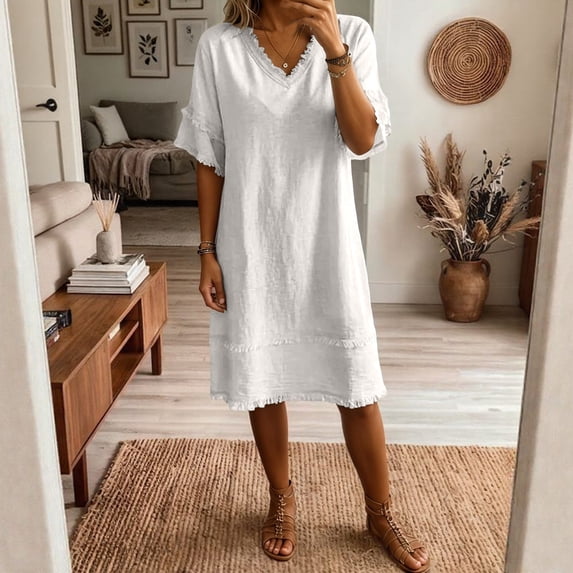 Casual 3/4 Sleeve V Neck Dress for Women Summer Lightweight Cotton Flowy Dress Vacation A Line Midi Trendy Dresses White S