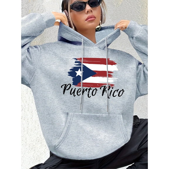 Casual 60%cotton 40%Polyester Hoodie with Flag Print - Drawstring Hooded Sweatshirt for All Seasons, Comfortable Hoodie with Front Pocket