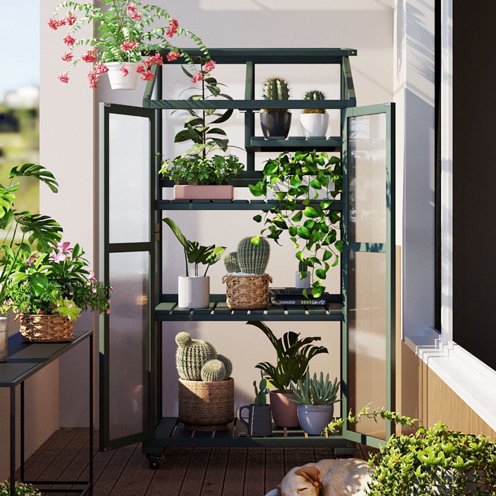 Forest Green Fir Wood Portable Greenhouse with Adjustable Shelves