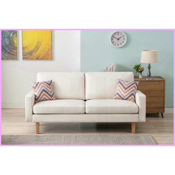 Casual 70" Beige Linen Sofa with 2 Throw Pillows - Ideal for Living Room