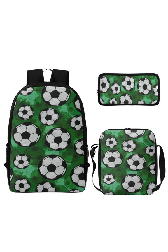 Casual 9PCS Soccer Backpack Set, 100% Polyester Backpack with Lunch Bag, Pencil Case, Drawstring Bag and 5 Button Pins, All-in-One Travel Bundle