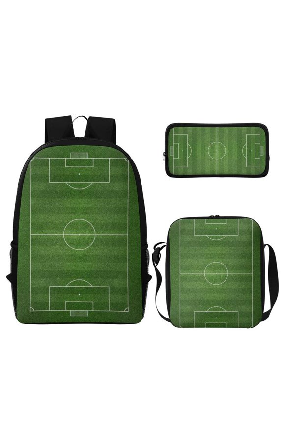Casual 9PCS Soccer Backpack Set, 100% Polyester Backpack with Lunch Bag, Pencil Case, Drawstring Bag and 5 Button Pins, All-in-One Travel Bundle