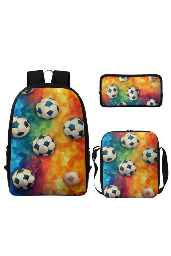 Casual 9PCS Soccer Backpack Set, 100% Polyester Backpack with Lunch Bag, Pencil Case, Drawstring Bag and 5 Button Pins, All-in-One Travel Bundle