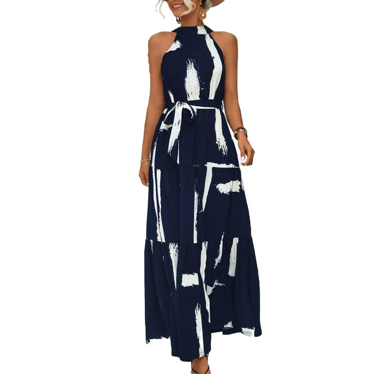Fashion Print Halter Sleeveless With Belt Evening Dress Fashion Print Halter Sleeveless With Belt Evening Dress