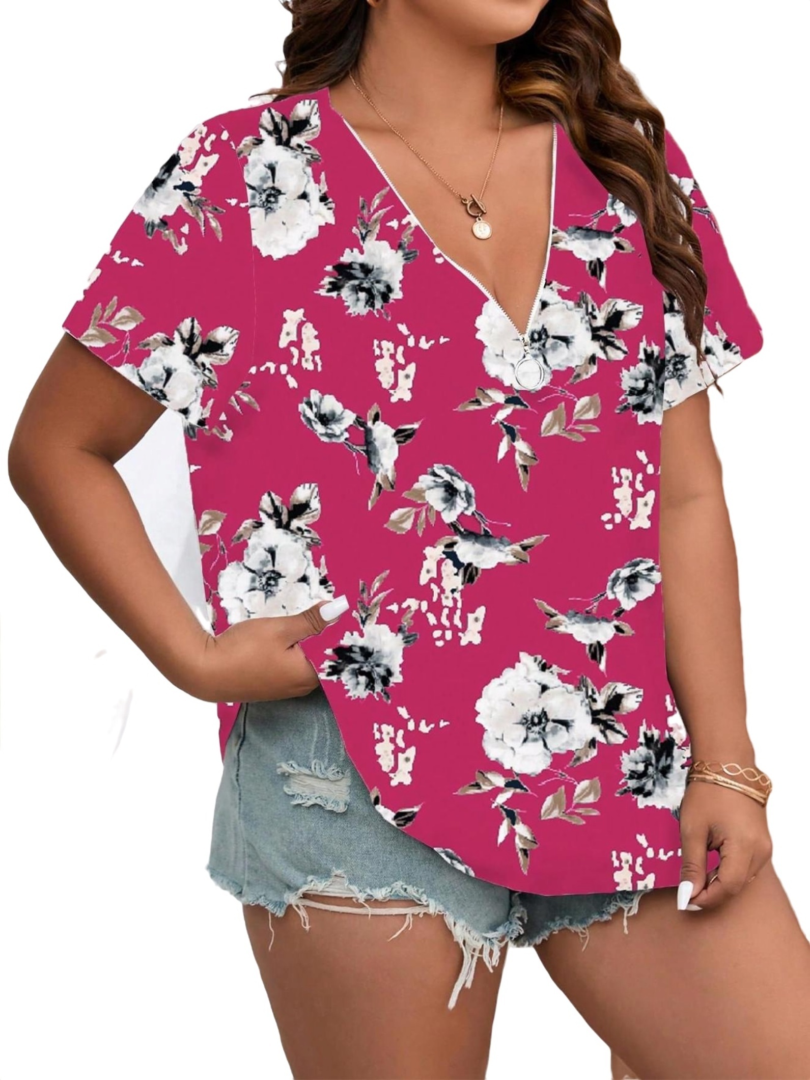 Casual All Over Print V neck Tee Short Sleeve Hot Pink Plus Size T