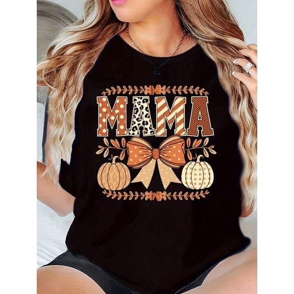 Casual And Comfortable Thanksgiving Thankful Mama Print Crew-Neck T-Shirt, Versatile And Fashionable, Suitable For Everyday Wear 220g