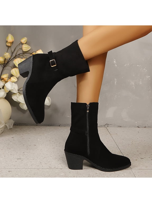 Casual Ankle Boots,Mid Calf Boots for Women - Tall Fashion Boots with Suede-Look Upper, Pointed Toe and Side Zipper Mid Shaft Boots, Chunky Block Heel Dress Boots, Casual Footwear for Fall Winter