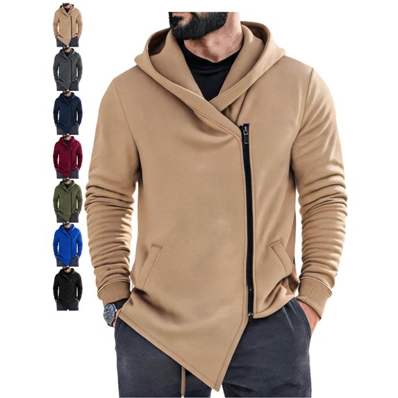Casual Asymmetric Zip Jackets for Men Hooded Long Sleeve Slim Fit Going Out Jacket