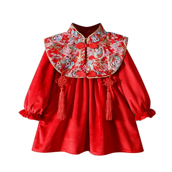 Casual Baby Girl Summer Dress Elegant Hanfu New Year Winter Chinese Knot New Year Cute Dresses For Girls Red Size 18-24 Months