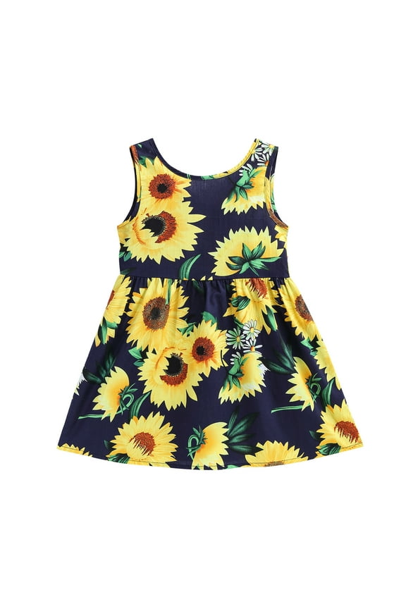 Casual Baby Girl Summer Dress Sleeveless Printed Sunflower Skirt Princess Cute Dresses For Girls Blue Size 9-12 Months