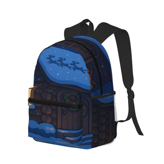 Casual Backpack Water Resistant Lightweight Daypack For Work Travel Hiking Camping Laptop Compartment & Side Mesh Pockets A House In The Snowy Winter