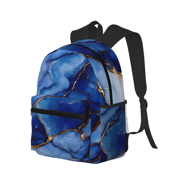 Casual Backpack Water Resistant Lightweight Daypack For Work Travel Hiking Camping Laptop Compartment & Side Mesh Pockets Blue And White Gold Marble