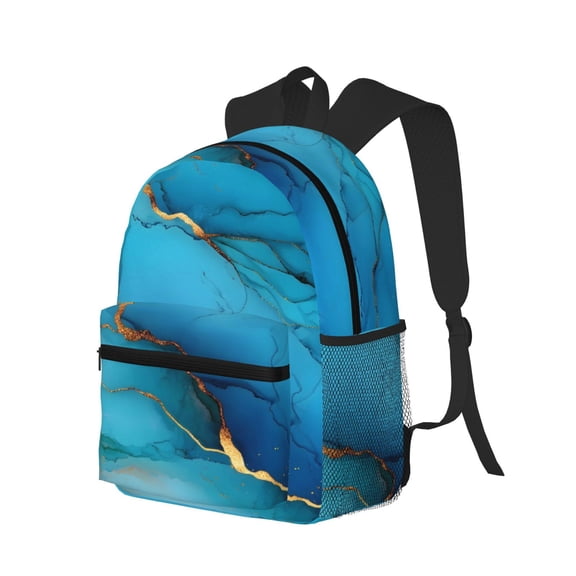 Casual Backpack Water Resistant Lightweight Daypack For Work Travel Hiking Camping Laptop Compartment & Side Mesh Pockets Blue Gold Marble