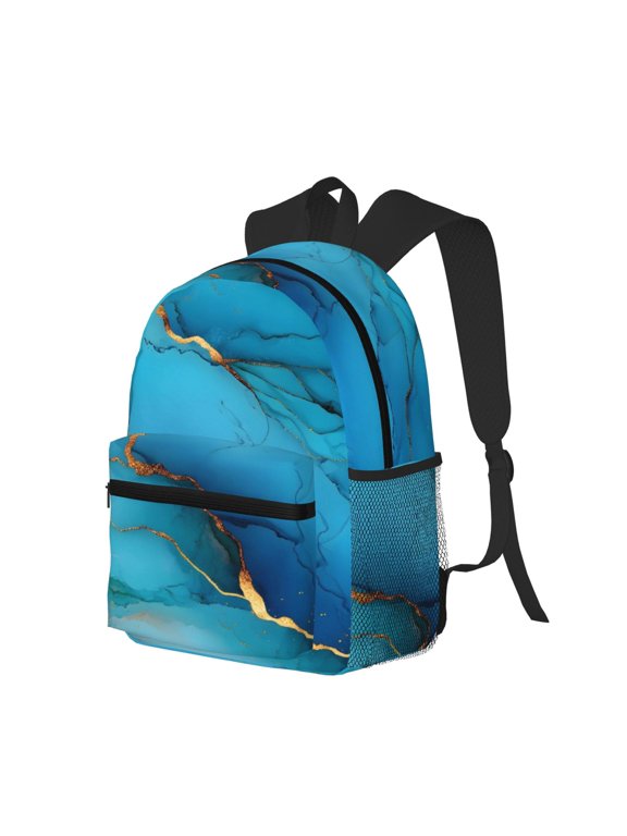 Casual Backpack Water Resistant Lightweight Daypack For Work Travel Hiking Camping Laptop Compartment & Side Mesh Pockets Blue Gold Marble