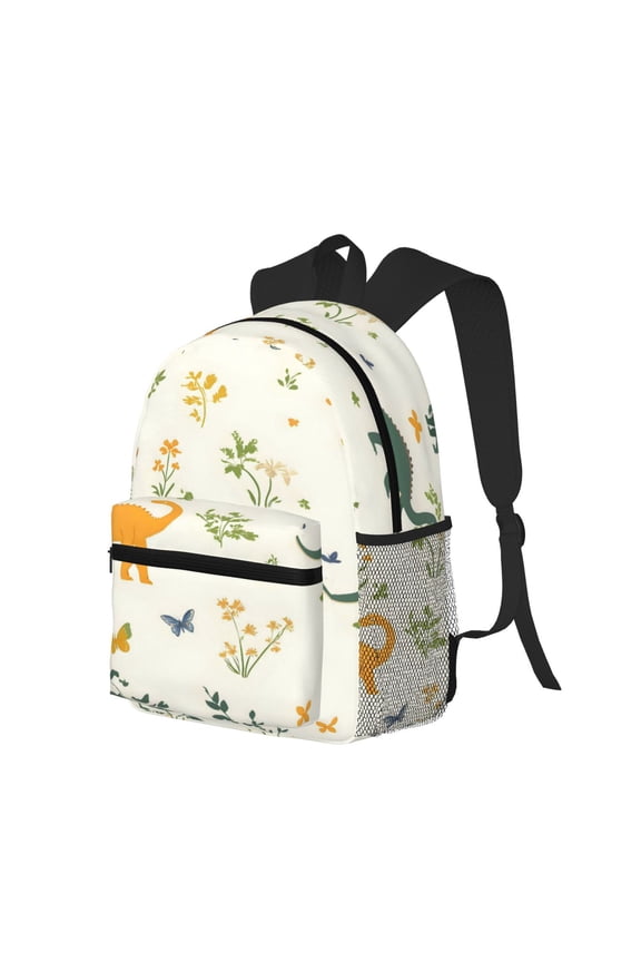 Casual Backpack Water Resistant Lightweight Daypack For Work Travel Hiking Camping Laptop Compartment & Side Mesh Pockets Dinosaurs And Plants