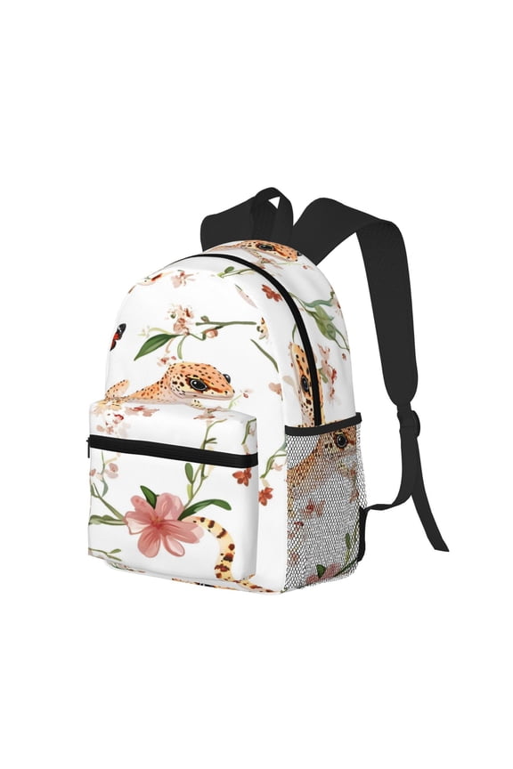Casual Backpack Water Resistant Lightweight Daypack For Work Travel Hiking Camping Laptop Compartment & Side Mesh Pockets Gecko Flower Butterfly