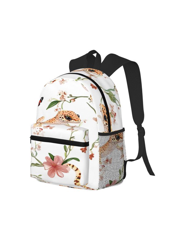 Casual Backpack Water Resistant Lightweight Daypack For Work Travel Hiking Camping Laptop Compartment & Side Mesh Pockets Gecko Flower Butterfly