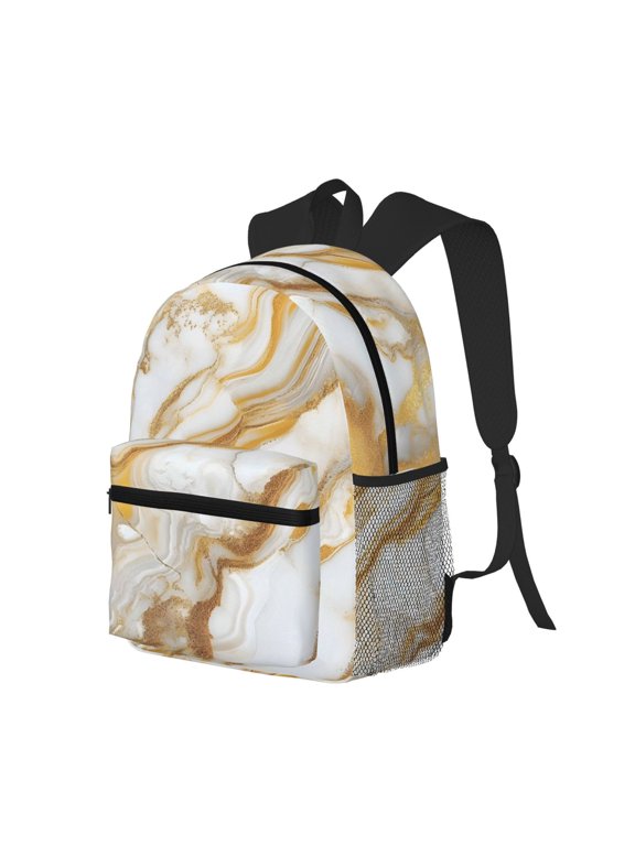 Casual Backpack Water Resistant Lightweight Daypack For Work Travel Hiking Camping Laptop Compartment & Side Mesh Pockets Gold Marble_2