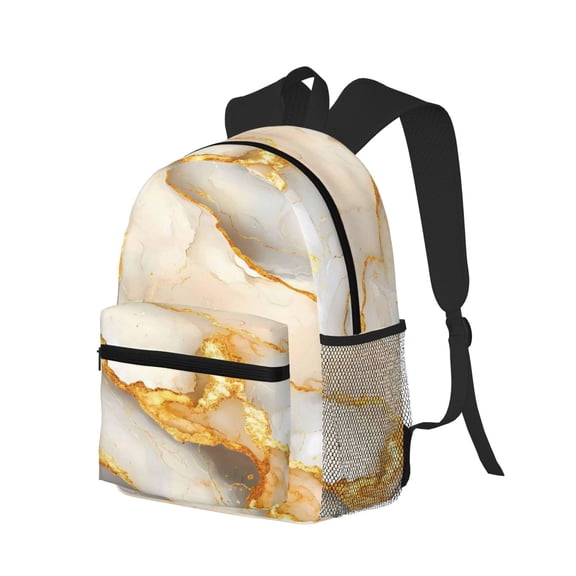 Casual Backpack Water Resistant Lightweight Daypack For Work Travel Hiking Camping Laptop Compartment & Side Mesh Pockets Grey And White Gold Marble